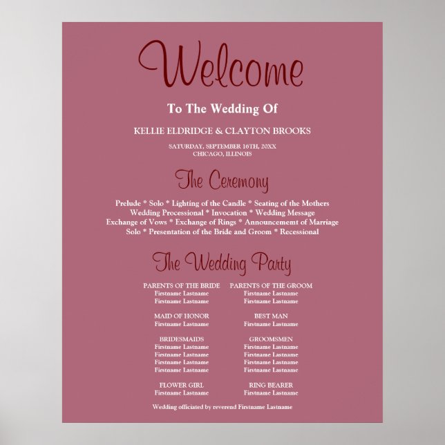 Burgundy Simple Bröllop Ceremony Program Sign Poster (Framsidan)