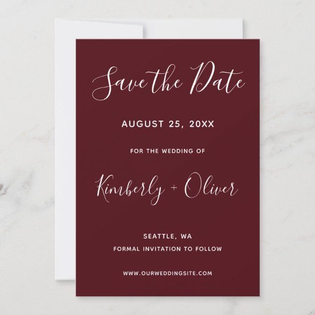 Burgundy Simple Calligraphy Save the Date Spara Datumet (Framsida)