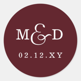 Burgundy Simple Modern Monogram Bröllop Runt Klistermärke