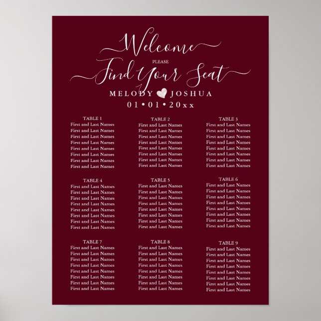BURGUNDY SITTPLATSÖVERSIKT|GÖR-DET-SJÄLV FÄRG POSTER (Framsidan)
