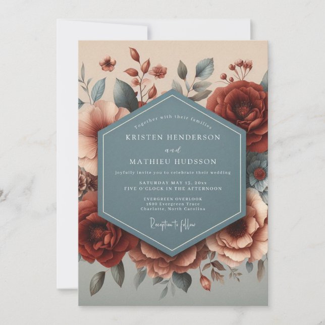 Burgundy Slate Autumn Bloom Wedding Inbjudningar (Framsida)