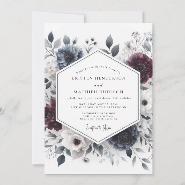 Burgundy & Slate Ethereal Bloom Wedding Inbjudningar (Framsida)