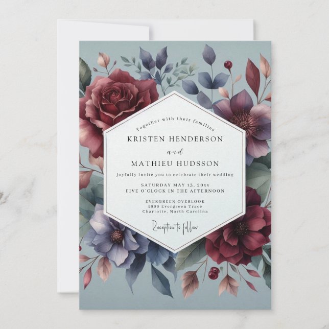 Burgundy & Slate Moody Bloom Wedding Inbjudningar (Framsida)