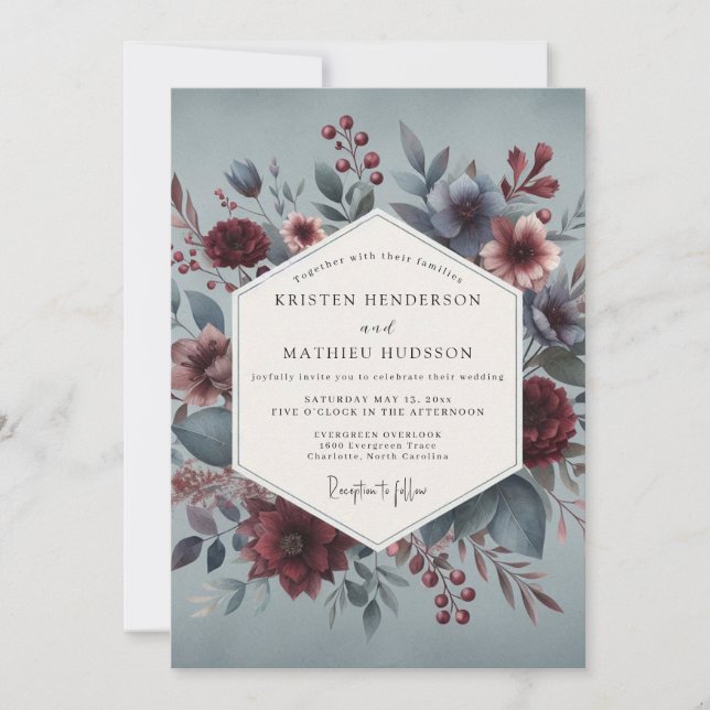 Burgundy Slate Moody Bloom Wedding Inbjudningar (Framsida)