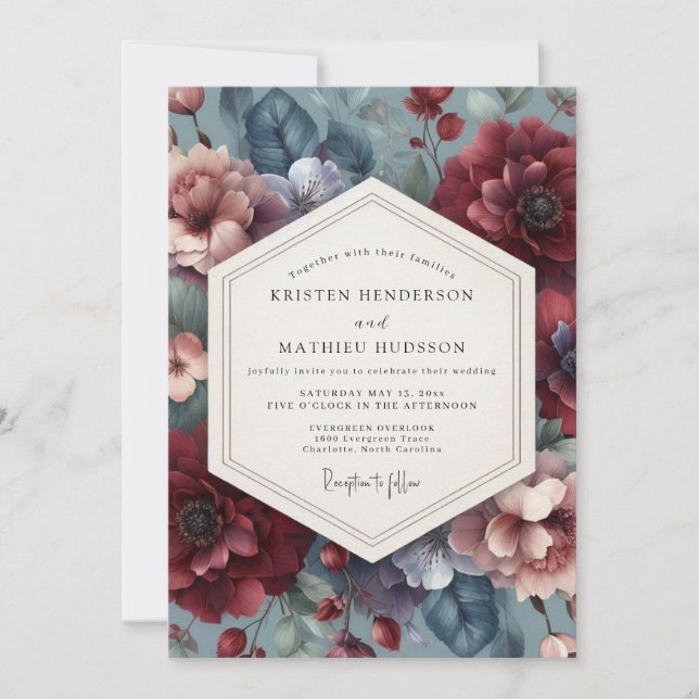 Burgundy Slate Moody Flora Wedding Inbjudningar (Framsida)