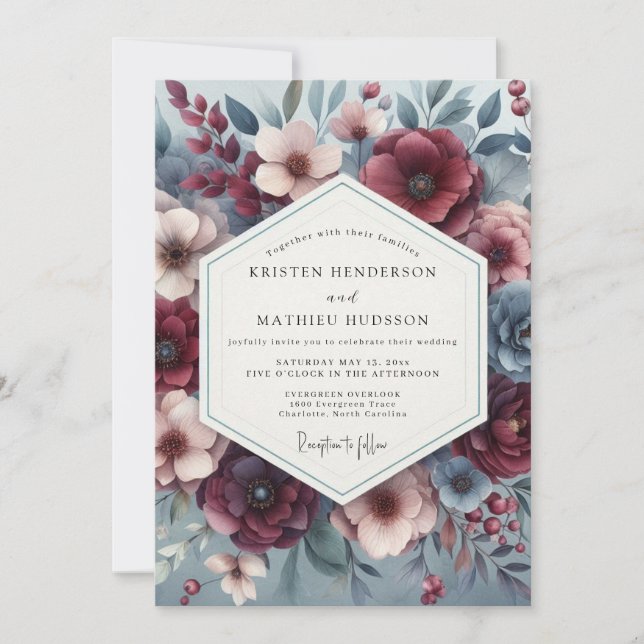 Burgundy & Slate Poetic Bloom Wedding Inbjudningar (Framsida)