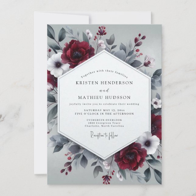 Burgundy Slate Wintry Bloom Wedding Inbjudningar (Framsida)