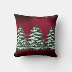 Burgundy Snowy Evergreen Träd Kudde