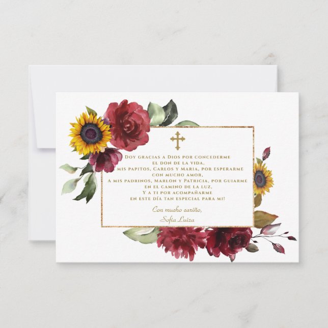 Burgundy Solros Gracias Con Oración Bautizo Tack Kort (Framsida)