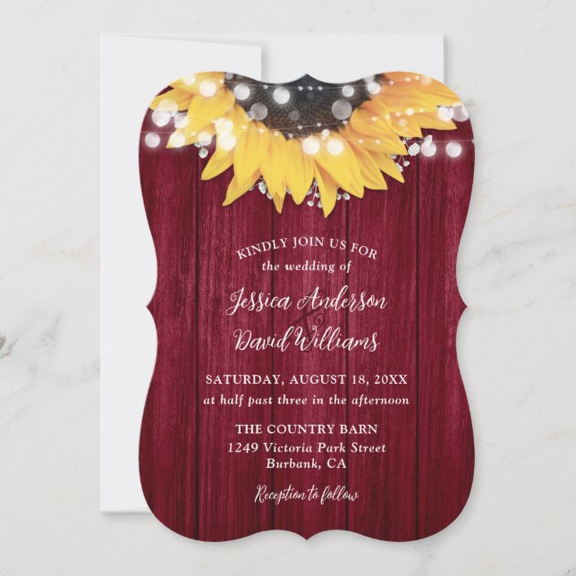 Burgundy Solros Rustic Barn Wood Bröllop Inbjudningar (Framsida)
