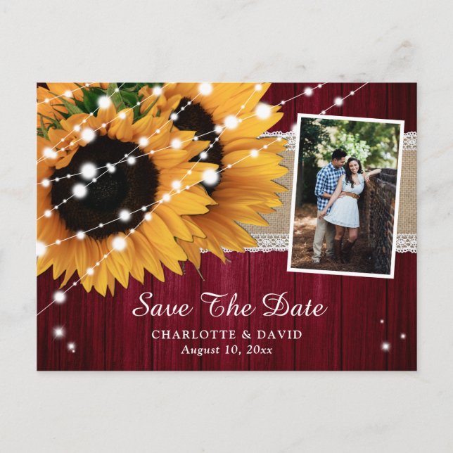 Burgundy Solros Save The Date Foto Postkort Meddelande Vykort (Framsida)