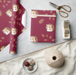 Burgundy Sömlöst Wrapping Papper med Hedgehogs Presentpapper