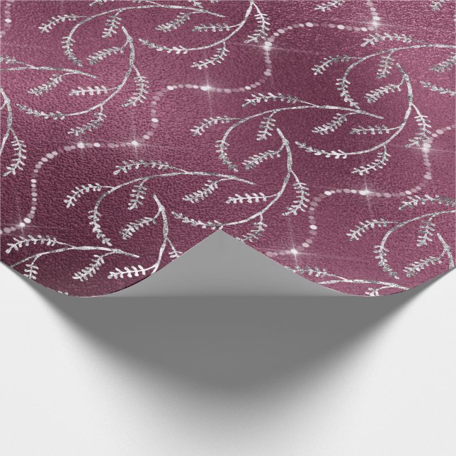 Burgundy Spark Foil Blommigt Silver Grått Beet Presentpapper (Hörn)
