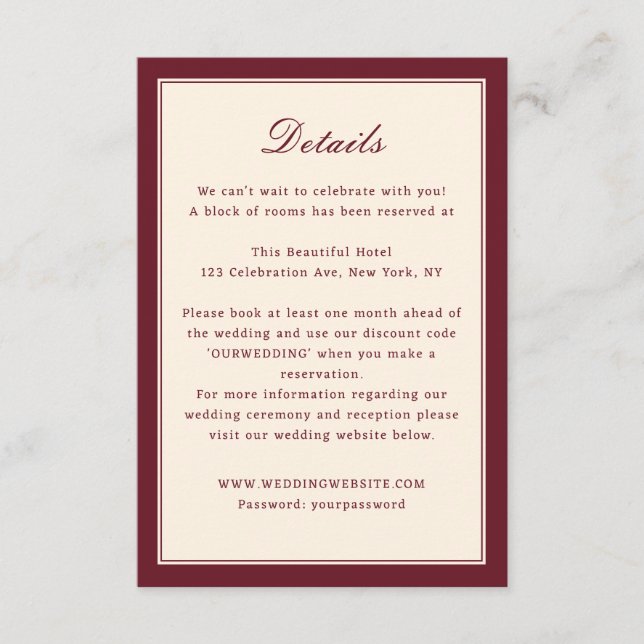 Burgundy Spetsram Weddingdetaljer Tilläggskort (Framsida)