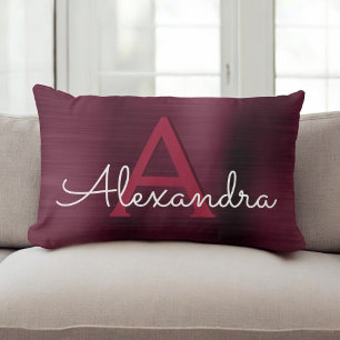 Burgundy Stainless Steel Monogram Namn & Initial Lumbarkudde