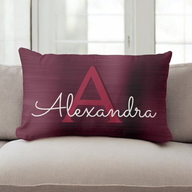 Burgundy Stainless Steel Monogram Namn & Initial Lumbarkudde (Skapare uppladdad)