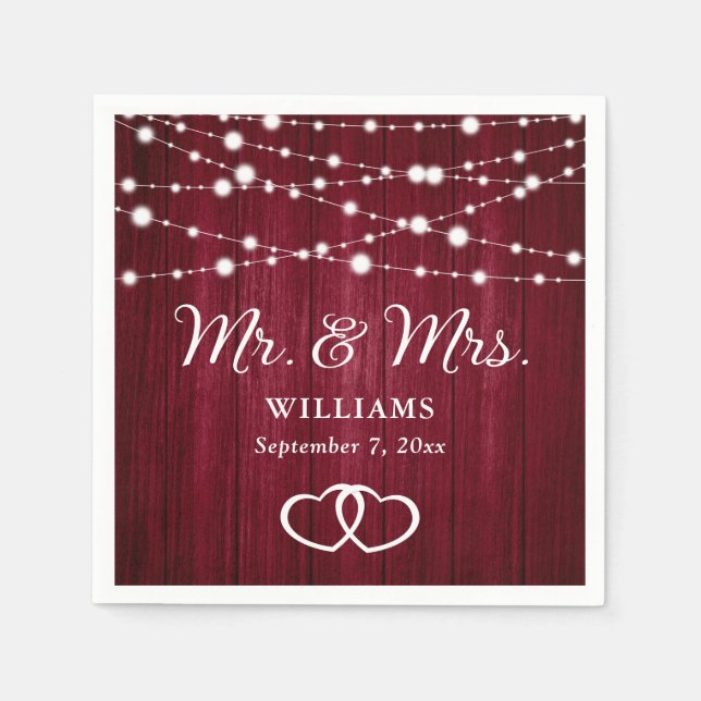 Burgundy String Ljus Hearts Rustic Wood Bröllop Pappersservett (Framsidan)