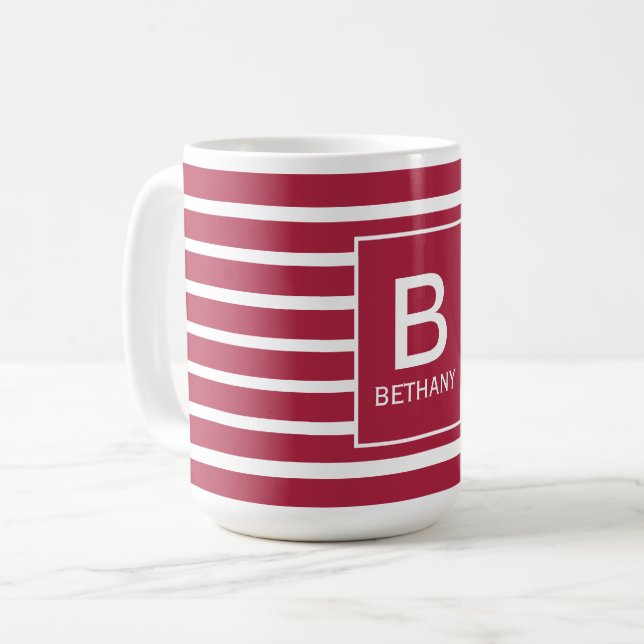 Burgundy Striped Monogram Personalised Kaffemugg (Framsida vänster)