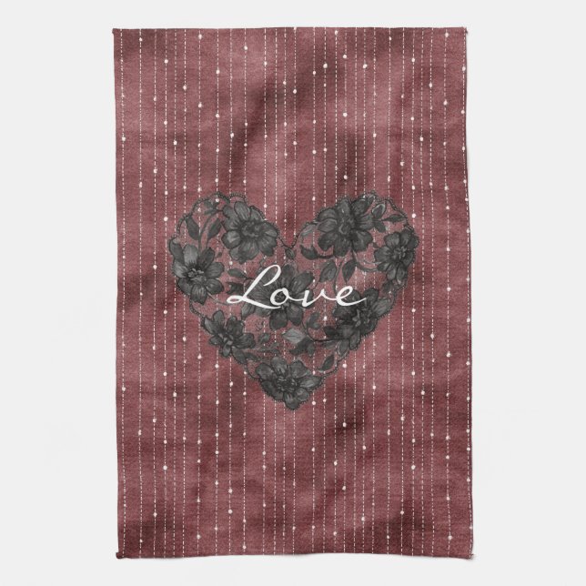 Burgundy Stripes Black Faux Lace Floral Heart  Kökshandduk (Vertikal)
