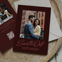 Burgundy stylish script two photo wedding spara datumet
