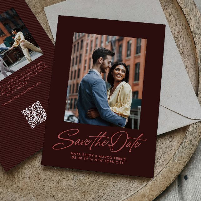 Burgundy stylish script two photo wedding spara datumet (Skapare uppladdad)