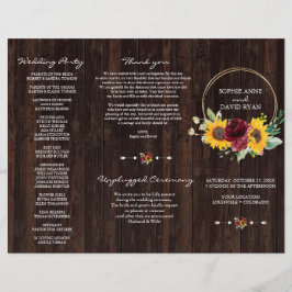 Burgundy Sunblommor Wood Tri+Fold-Bröllopsprogram Reklamblad