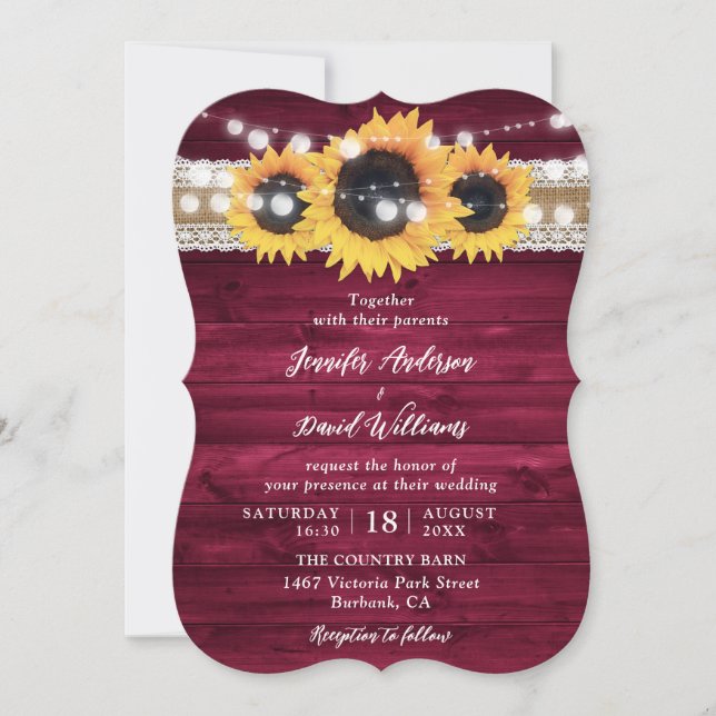 Burgundy Sunflower String Lights Wood Wedding Inbjudningar (Framsida)