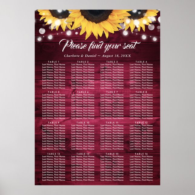 Burgundy Sunflower Wedding Table Plan 16 Poster (Framsidan)
