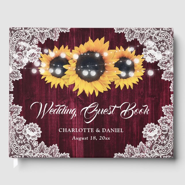 Burgundy Sunflower Wood Floral Lace Wedding Gästböcker (Framsida)