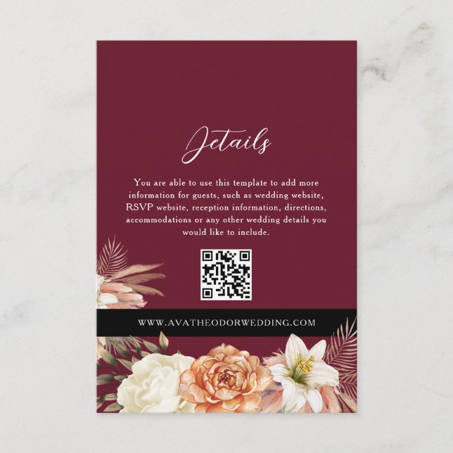 Burgundy Svart Bröllopsdetaljer QR-kort Tilläggskort (Framsida)