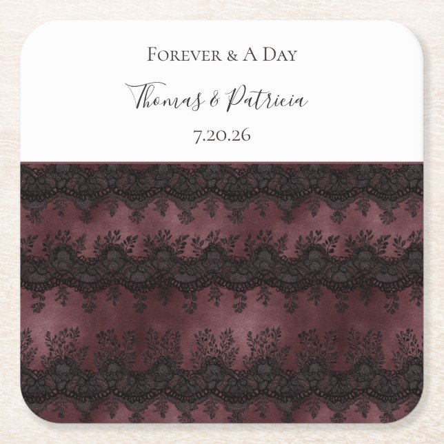 Burgundy Svart Fals Lace Bröllop Underlägg Papper Kvadrat (Framsidan)