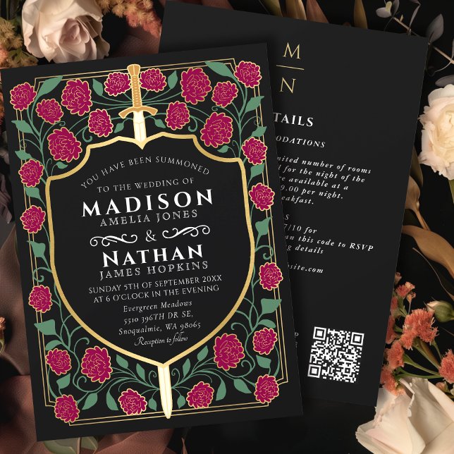 Burgundy Sword Shield Fantasy QR Code Bröllop Inbjudningar (Skapare uppladdad)