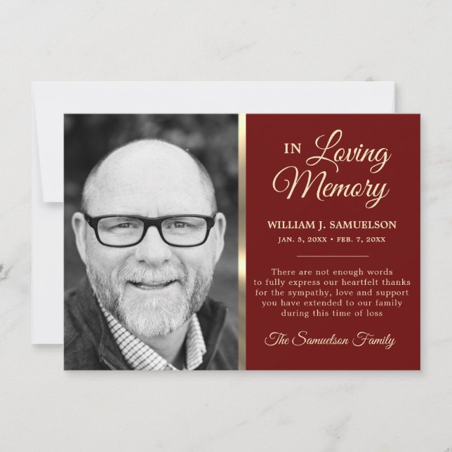 Burgundy Sympathy Funeral Memory TACK Photo Kort (Framsida)