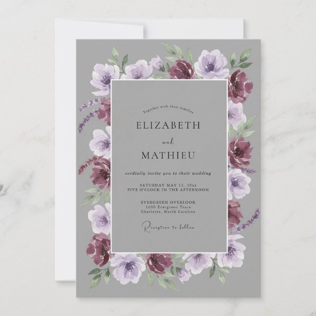 Burgundy Syrlig Blomromans Bröllop Inbjudningar (Framsida)