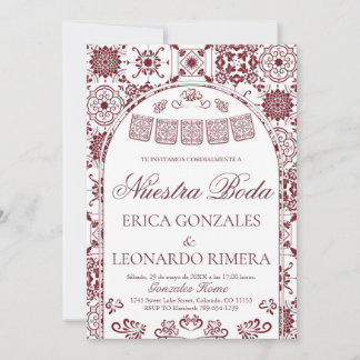 Burgundy Talavera Papel Picado Spansk Bröllop Inbjudningar