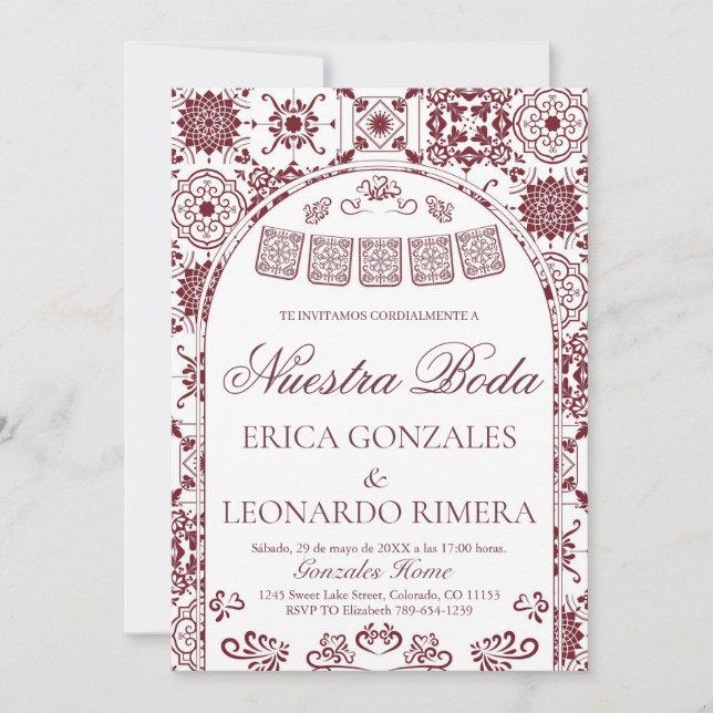 Burgundy Talavera Papel Picado Spansk Bröllop Inbjudningar (Framsida)