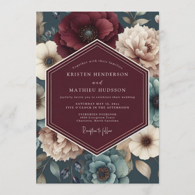 Burgundy Teal Bloom Wedding Inbjudningar (Framsida)