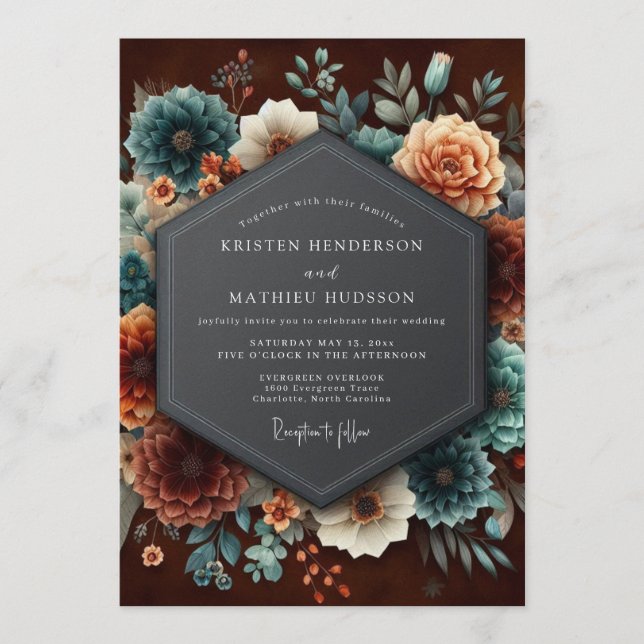 Burgundy Teal Dutch Bloom Wedding Inbjudningar (Framsida)