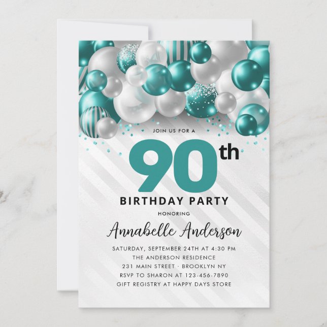 Burgundy Teal Silver Balloon Glitter 90:e födelsed Inbjudningar (Framsida)