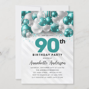 Burgundy Teal Silver Balloon Glitter 90:e födelsed Inbjudningar