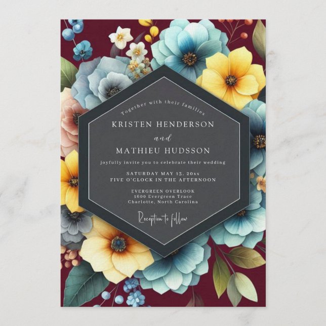 Burgundy & Teal Vibrant Bloom Wedding Inbjudningar (Framsida)