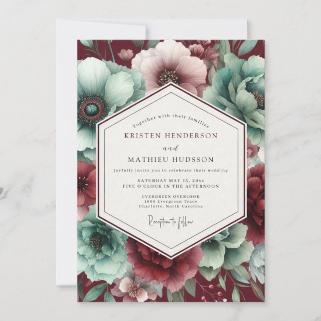 Burgundy & Teal Vintage Bloom Wedding Inbjudningar (Framsida)