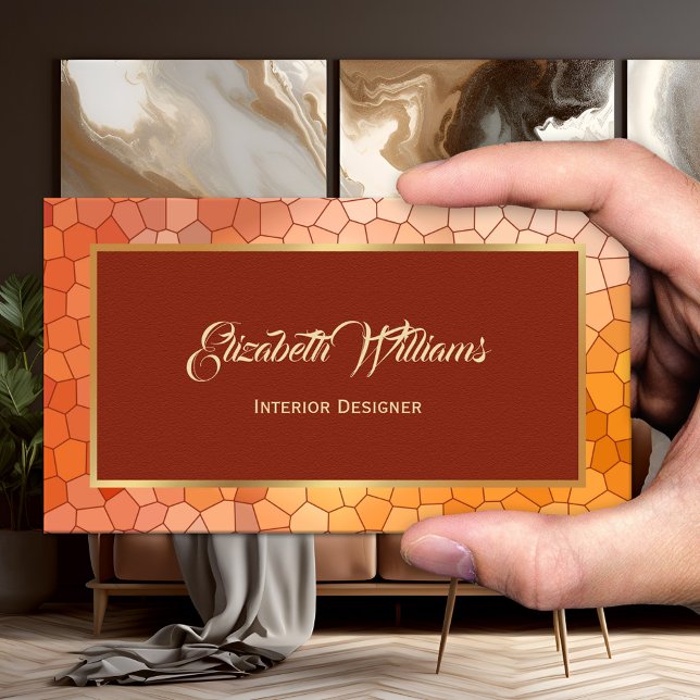 Burgundy Terra Cotta Guld Inredingsdesign Visitkort (Business card showing a stained glass design with burgundy, terra cotta and gold - interior designer)