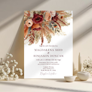 Burgundy Terracotta Blommigts Pampas Fall Wedding Inbjudningar
