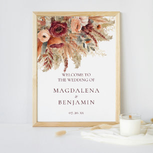 Burgundy Terracotta Blommigts Pampas Grass Bröllop Poster