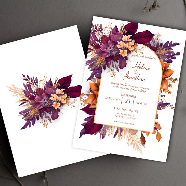 Burgundy Terracotta Boho Blommigt Elegant bröllop Inbjudningar (Burgundy Terracotta Boho Floral Elegant Wedding Invitation)