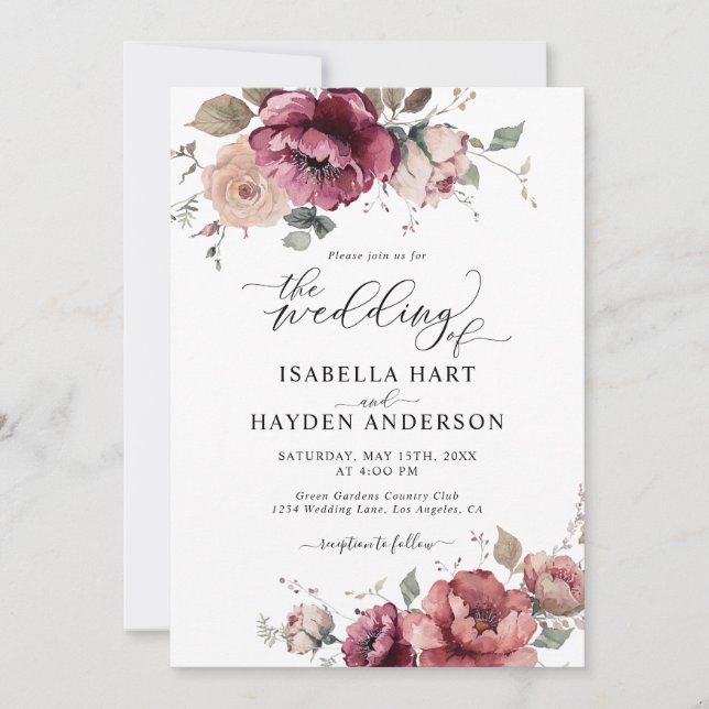 Burgundy Terracotta faller alla i 1 QR-kod Bröllop Inbjudningar (Framsida)