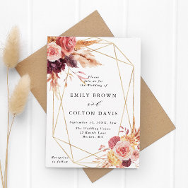 Burgundy Terracotta Flowers Guld Geometric Bröllop Inbjudningar