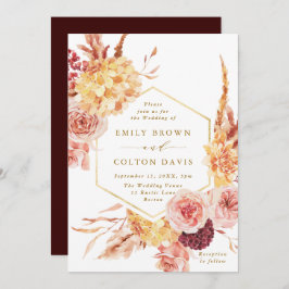 Burgundy Terracotta Guld Blommigt Bröllop Inbjudningar