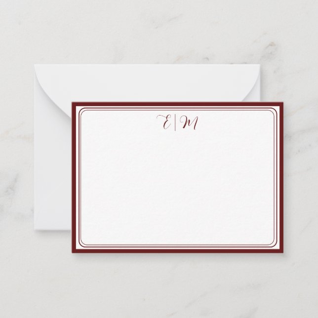 Burgundy three Border Monogram Note Card Anteckningskort (Framsida)